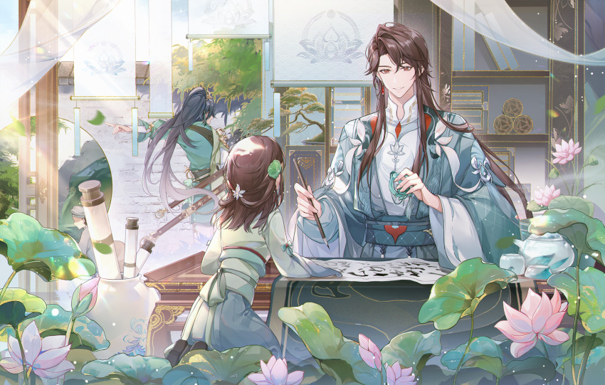 1boy, 2girls, age_difference, aged_down, aqua_hanfu, aqua_robe, black_hair, black_shoes, bonsai, bookshelf, brother_and_sister, brown_eyes, brown_hair, bud, calligraphy_brush, cape, chinese_clothes, chinese_commentary, cowboy_shot, cup, curtained_hair, day, earrings, facing_away, flower, full_body, green_hanfu, green_robe, hair_flower, hair_ornament, half_updo, hand_up, hanfu, hanging_scroll, high_ponytail, highres, holding, holding_calligraphy_brush, holding_paintbrush, holding_pendant, hua_chen, hua_yi_shanxin_zhiyue, jewelry, leaf_hair_ornament, light_particles, long_hair, long_sleeves, looking_at_another, lotus, lotus_leaf, moon_gate, mu_weishuang, multiple_girls, nana895, paintbrush, parted_lips, pendant, pine_tree, pink_flower, pointing, ponytail, robe, rock, sash, scroll, seiza, sheath, sheathed, shoe_soles, shoes, siblings, side_cape, single_earring, sitting, smile, standing, swept_bangs, sword, table, teapot, teardrop_earrings, the_princess_(hua_yi_shanxin_zhiyue), tree, upper_body, vase, waist_sash, weapon, white_cape, white_flower, white_robe, wide_sleeves, yuanlingpao