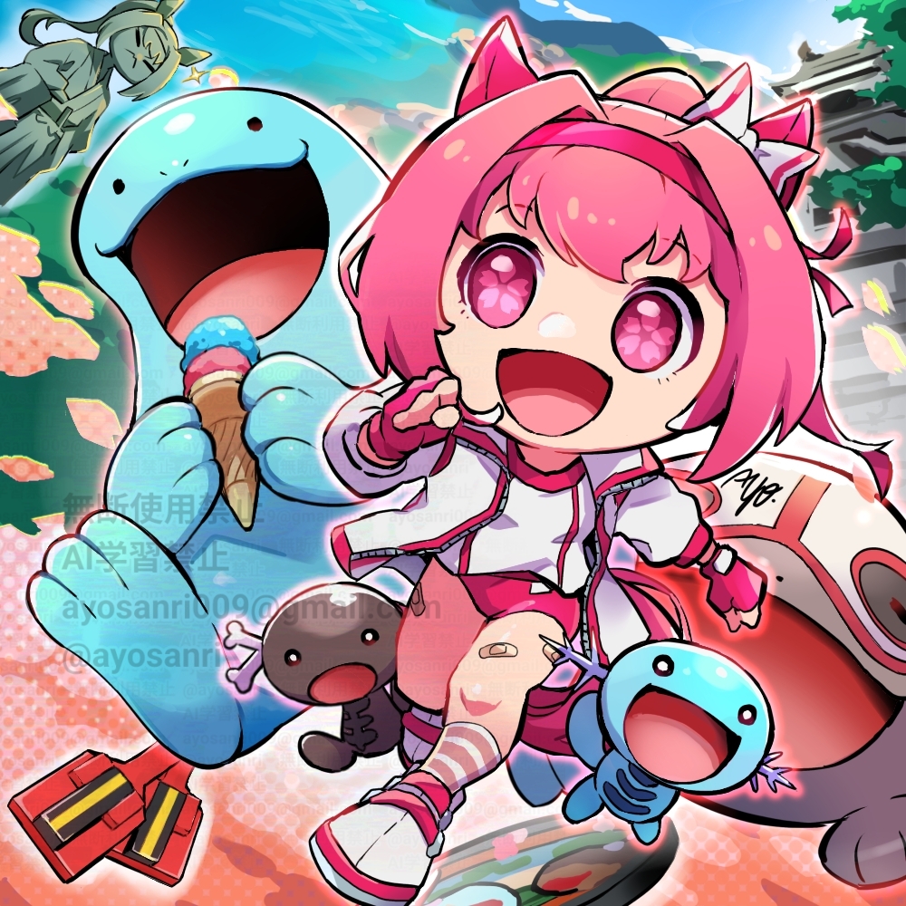 1girl, animal_ears, ayo_(ayosanri009), bandaid, bandaid_on_leg, buruma, clodsire, crossover, fingerless_gloves, flower_in_eye, food, gen_2_pokemon, gloves, haru_urara_(umamusume), horse_ears, horse_girl, horse_tail, ice_cream, jacket, kochi_prefecture, multiple_scoops, nintendo, open_mouth, paldean_wooper, pink_eyes, pink_gloves, pink_hair, pokemon, pokemon_(creature), ponytail, quagsire, running, shirt, statue, symbol_in_eye, tail, umamusume, white_jacket, white_shirt, wooper