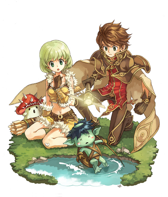 1boy, 1girl, :o, arrow_(projectile), brown_hair, crop_top, green_eyes, green_hair