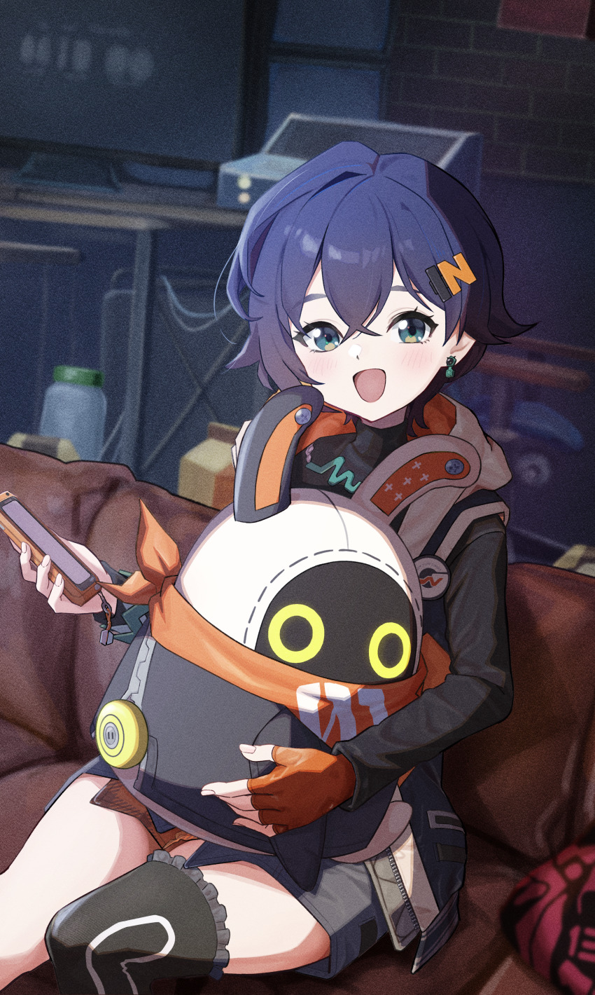 1girl, absurdres, belle_(zenless_zone_zero), black_hair, blush, cellphone, commentary_request, earrings