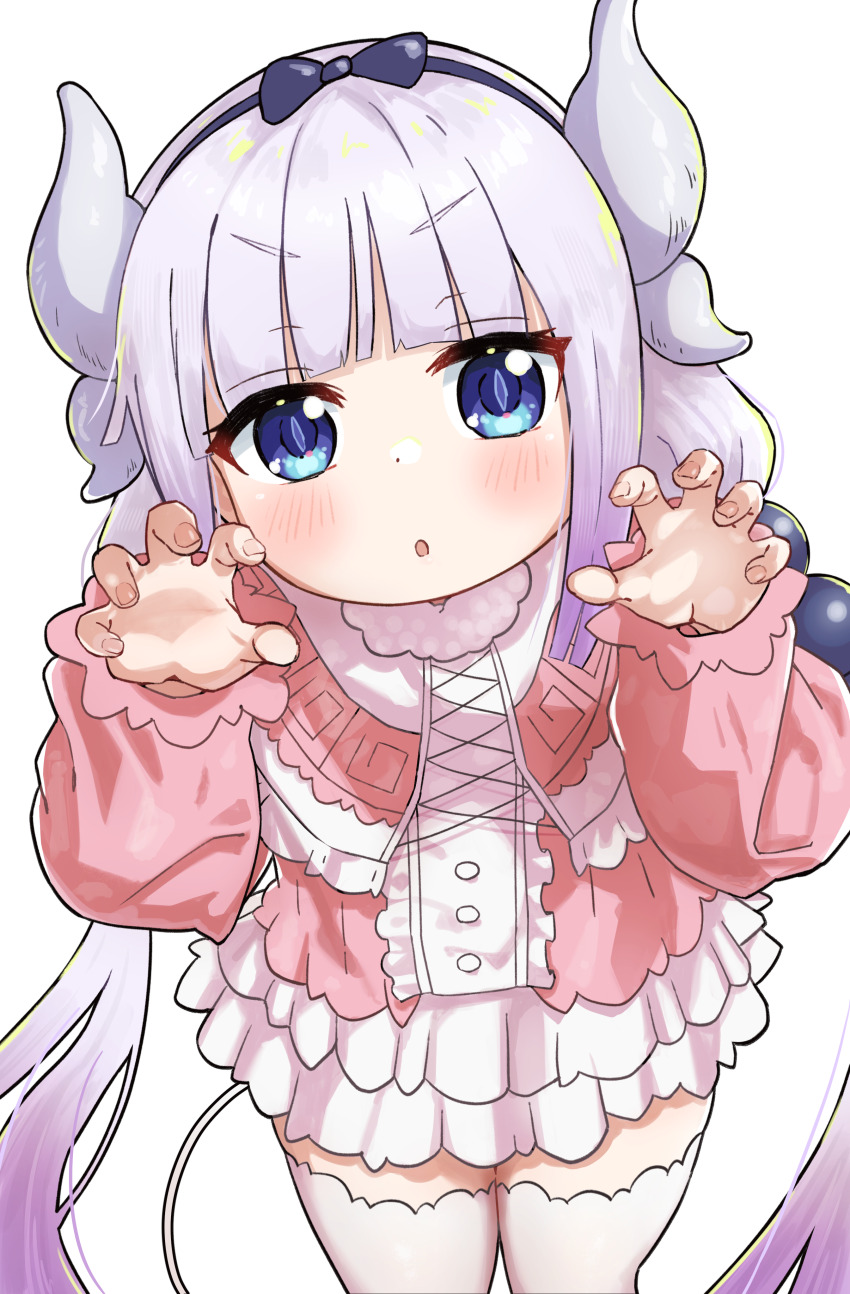 1girl, absurdres, blue_eyes, blush, claw_pose, dress, gimi_00, gradient_hair, grey_hair, hairband, highres, horns, kanna_kamui, kobayashi-san_chi_no_maidragon, looking_at_viewer, multicolored_hair, open_mouth, purple_hair, simple_background, solo, thighhighs, two-tone_hair, white_background, white_thighhighs