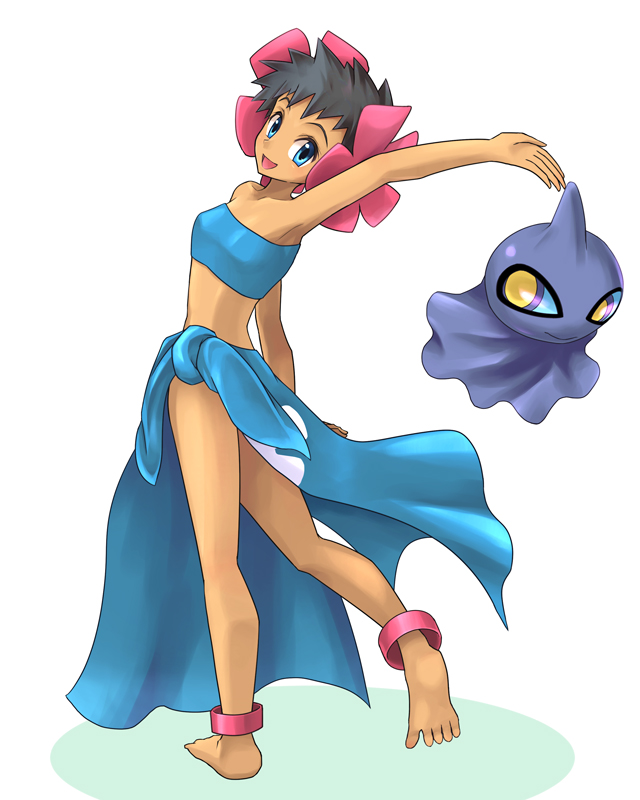 1girl, anklet, aqua_eyes, aqua_sclera, arm_up, barefoot, black_hair, blue_sarong