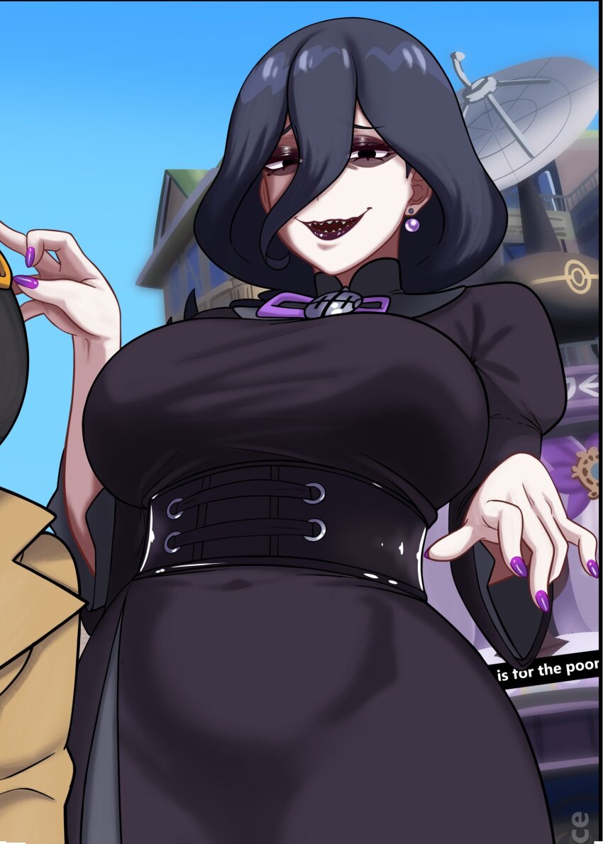 2girls, absurdres, bags_under_eyes, black_corset, black_dress, black_hair, breasts, commentary