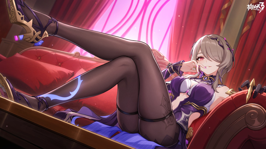 1girl, black_pantyhose, breasts, brown_hair, chinese_commentary, commentary_request, copyright_logo, dress