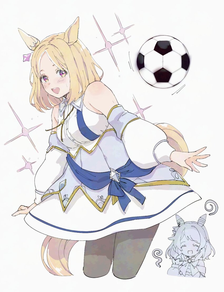 animal_ears, ball, blonde_hair, blush, bow, breasts, cosplay, costume_switch, crown, detached_sleeves, ear_covers, ear_ornament, gradient_eyes, highres, hishi_miracle_(miracle_make-up!)_(umamusume), hishi_miracle_(umamusume), hishi_miracle_(umamusume)_(cosplay), horse_ears, horse_girl, horse_tail, looking_at_viewer, medium_hair, mini_crown, multicolored_eyes, multiple_girls, narita_top_road_(the_proud_road)_(umamusume), narita_top_road_(umamusume), narita_top_road_(umamusume)_(cosplay), open_mouth, puffy_sleeves, purple_eyes, shirt, short_hair, single_ear_cover, smile, soccer_ball, tail, umamusume, yoiisand