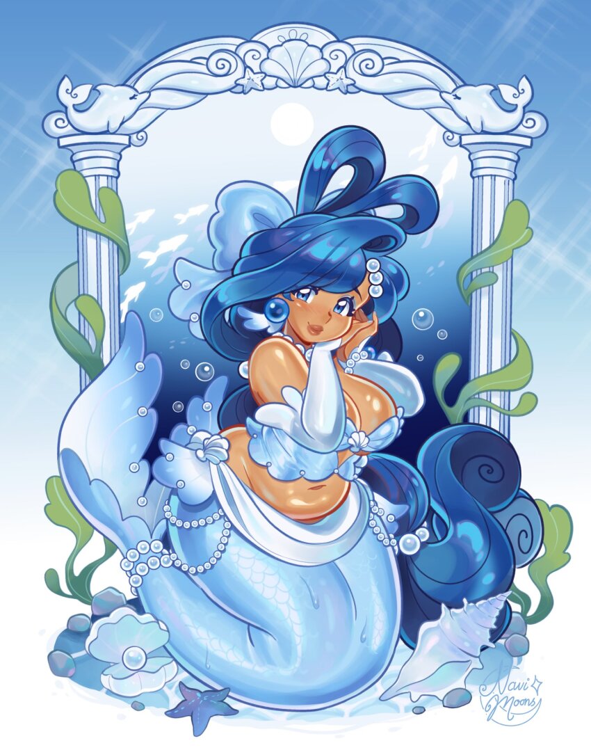 1girl, air_bubble, arch, artist_name, bikini, blue_eyes, blue_eyeshadow, blue_hair, blue_ribbon, blue_tail, bracelet, breasts, bridal_gauntlets, bubble, clam, cleavage, column, commentary, conch, constellor, curvy, dione_(constellor), earrings, english_commentary, eyeshadow, feixianji_(hairstyle), fins, gem, hair_rings, highres, jewelry, large_breasts, long_hair, looking_at_viewer, makeup, mermaid, monster_girl, navel, necklace, original, pearl_(gemstone), pearl_bracelet, pearl_earrings, pearl_necklace, pearl_ring, pillar, plump, raised_eyebrows, ribbon, scales, seashell, seaweed, shell, shell_bikini, solo, starfish, statue, swimsuit, tail, tail_ornament, tail_ring, thick_lineart, underwater, watermark, wide_hips