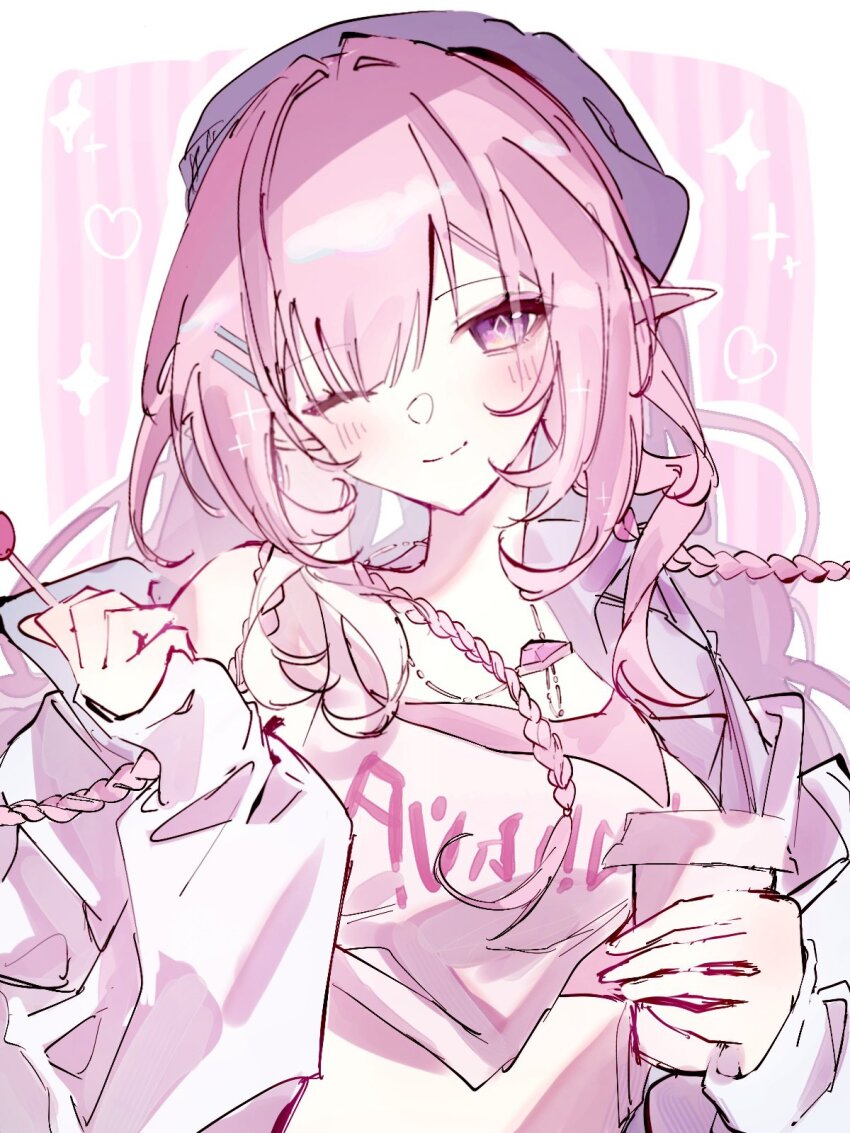 1girl, ;), blue_hat, breasts, candy, clothes_writing, commentary_request, crop_top