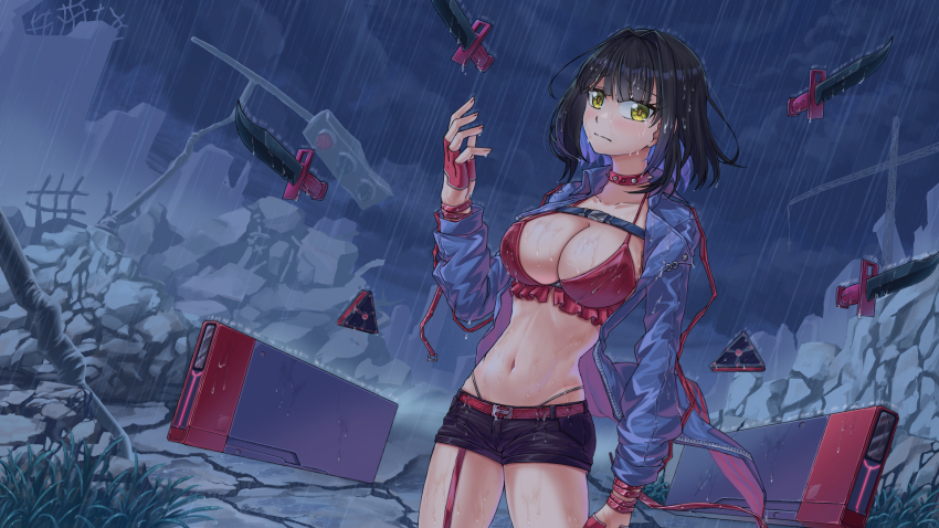 1girl, bandeau, belt, black_hair, black_shorts, blazeller, blue_jacket, breasts, chaos_zero_nightmare, chest_harness, cleavage, closed_mouth, collar, collarbone, commentary, cowboy_shot, floating, floating_object, floating_weapon, gloves, green_eyes, groin, hair_between_eyes, hand_up, harness, highres, jacket, knife, large_breasts, long_sleeves, looking_at_viewer, medium_hair, multicolored_hair, navel, open_clothes, open_jacket, outdoors, purple_hair, rain, red_bandeau, red_belt, red_collar, red_gloves, ruins, short_shorts, shorts, sidelocks, signature, solo, spaghetti_strap, spiked_collar, spikes, standing, stomach, tears, tressa_(chaos_zero_nightmare), two-tone_hair, wet, wet_clothes, wet_hair