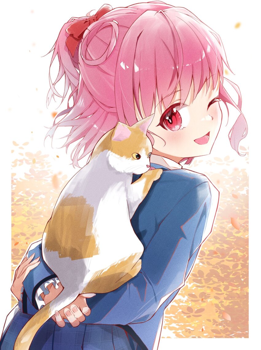 1girl, blue_jacket, blue_skirt, bow, carrying, cat, comadori09, hair_bow