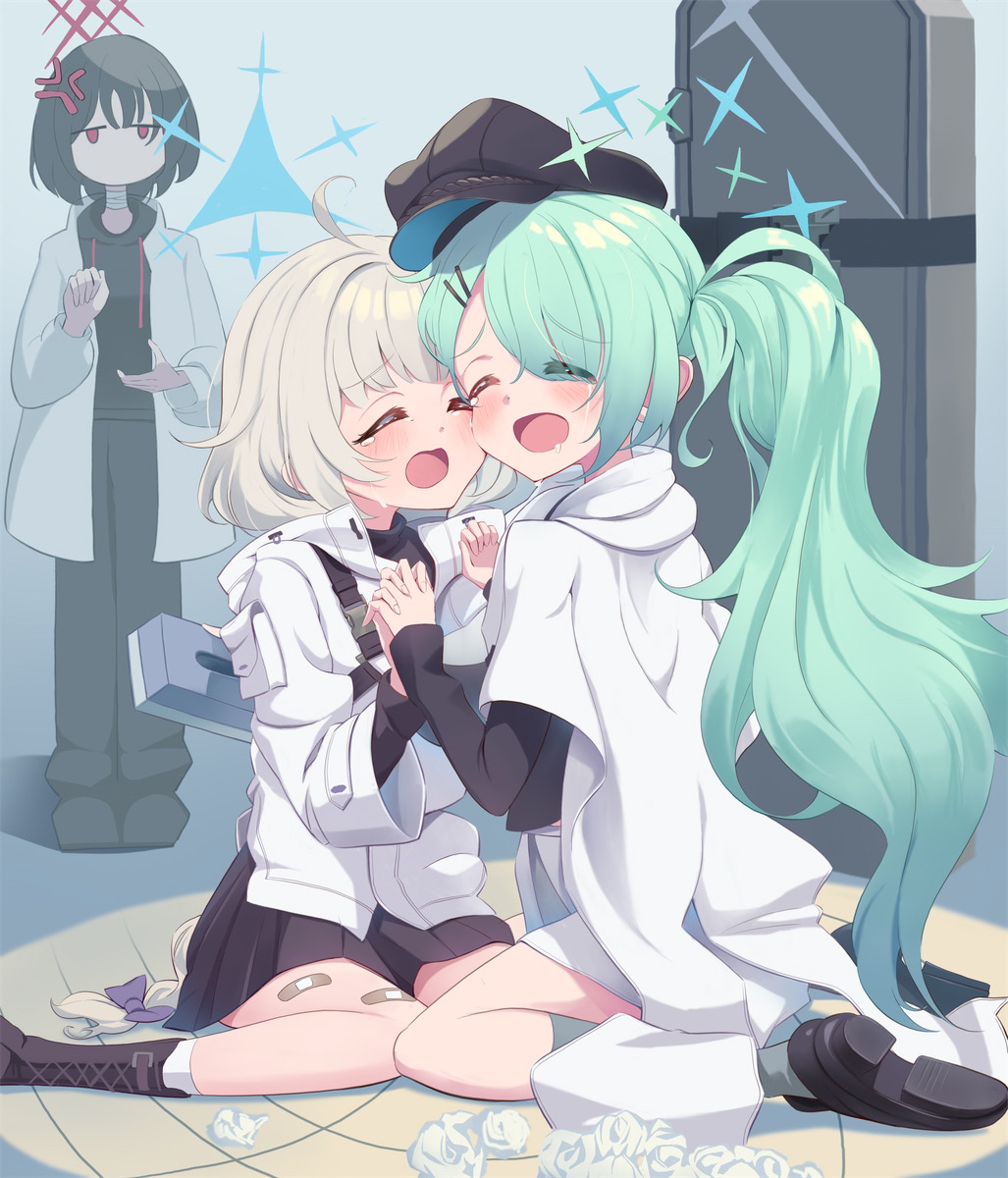 3girls, ahoge, anger_vein, aqua_hair, bandaged_neck, bandages, bandaid, bandaid_on_leg