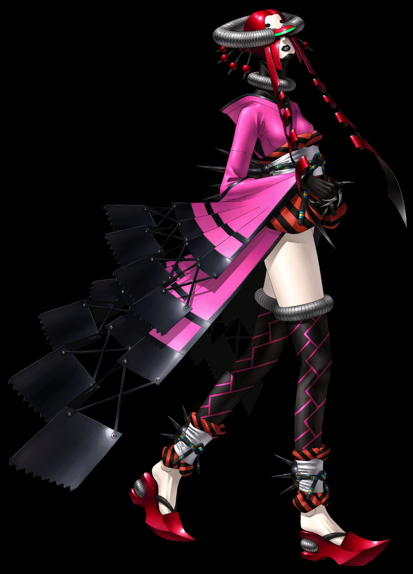 1girl, absurdres, black_lips, full_body, head-mounted_display, highres, japanese_clothes, kazuma_kaneko, long_sleeves, maia_(persona_2), official_art, persona, persona_(summon), persona_2, pointy_shoes, red_hair, shoes, simple_background, solo, spikes, thighhighs, third-party_source, transparent_background, walking