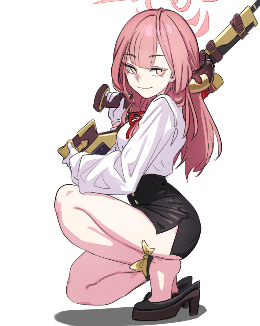 1girl, absurdres, aru_(blue_archive), black_skirt, blue_archive, breasts, closed_mouth, commentary, from_side, gloves, halo, high_heels, highres, holding, holding_weapon, horns, long_hair, long_sleeves, neck_ribbon, neophyte, over_shoulder, pink_eyes, pink_hair, ribbon, shirt, shirt_tucked_in, side_slit, simple_background, skirt, solo, squatting, thighs, weapon, weapon_over_shoulder, white_background, white_gloves, white_shirt