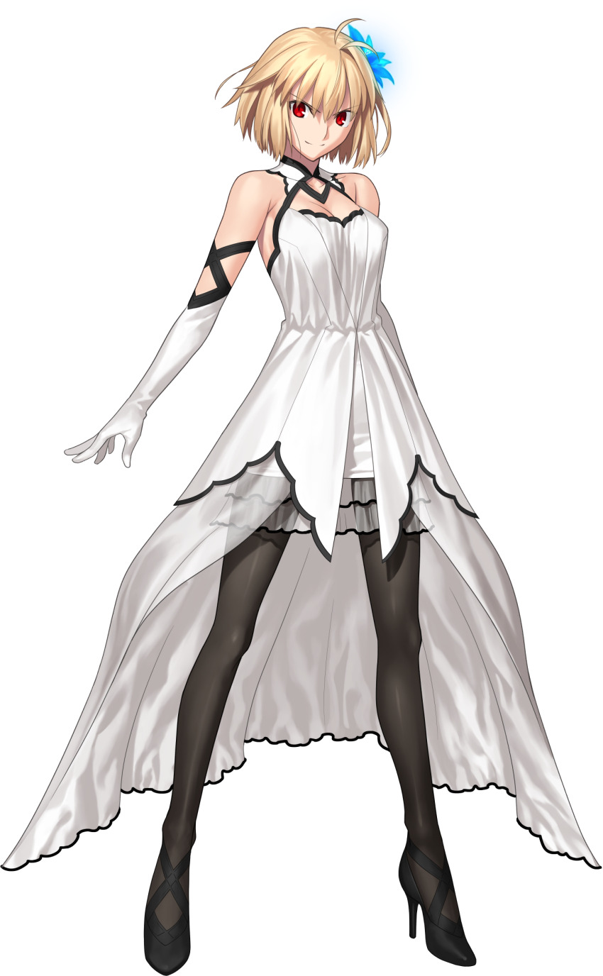 1girl, ahoge, arcueid_brunestud, arcueid_brunestud_(clad_in_glacier), bare_shoulders, blonde_hair, blue_flower, breasts, brown_pantyhose, cleavage, dress, fighting_stance, flower, flower-shaped_hair, gloves, grey_skirt, hair_intakes, hair_ornament, high_heels, highres, looking_at_viewer, miniskirt, official_alternate_costume, official_art, pantyhose, red_eyes, short_hair, skirt, smile, solo, takeuchi_takashi, tsukihime, tsukihime_(remake), wavy_hair, white_dress, white_gloves