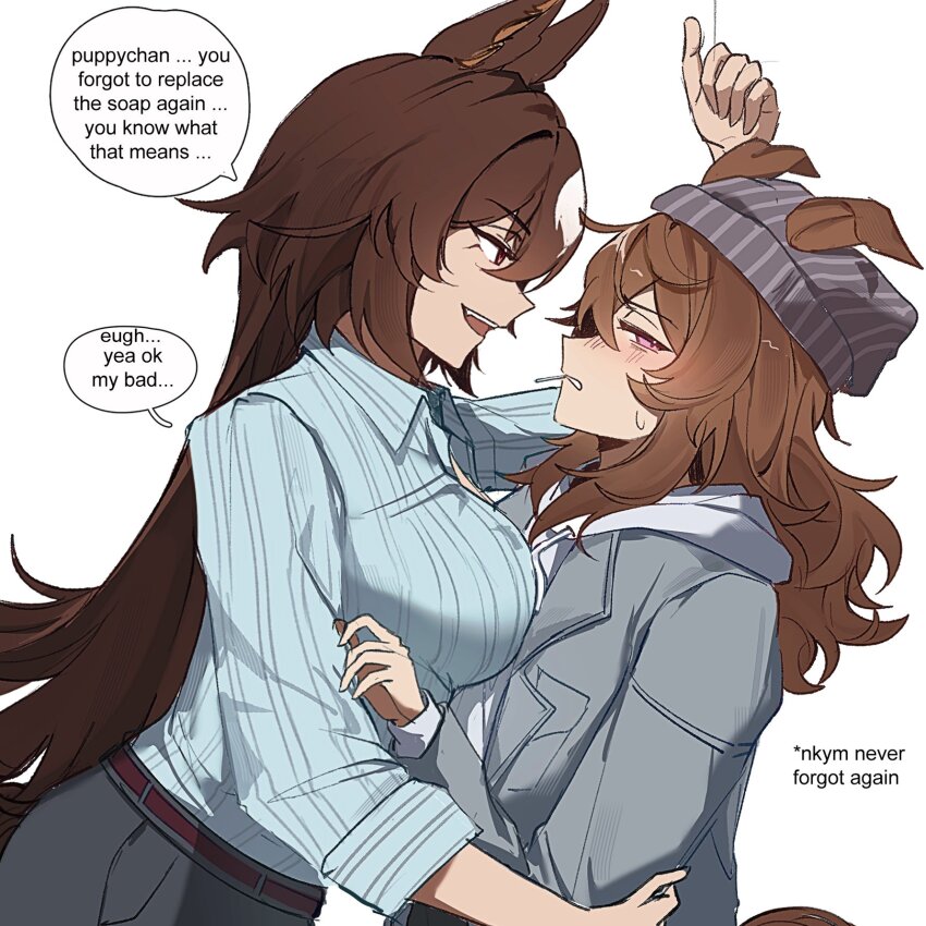 2girls, animal_ears, asymmetrical_docking, averting_eyes, beanie, belt, blue_shirt, breast_press