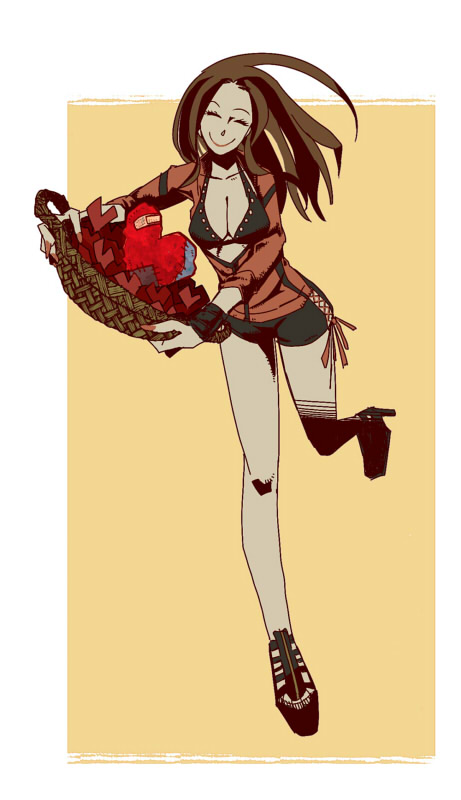 basket, black_bra, black_shorts, bra, breasts, brown_hair, cleavage, closed_eyes, closed_mouth, collarbone, commentary_request, eyelashes, fingernails, heart, high_heels, holding, holding_basket, jacket, kyokugen_dasshutsu, long_fingernails, long_hair, mira_(kyokugen_dasshutsu), nail_polish, partially_open_jacket, red_jacket, red_nails, shoes, shorts, silver-frog, simple_background, smile, standing, standing_on_one_leg, underwear, zero_escape:_toki_no_dilemma