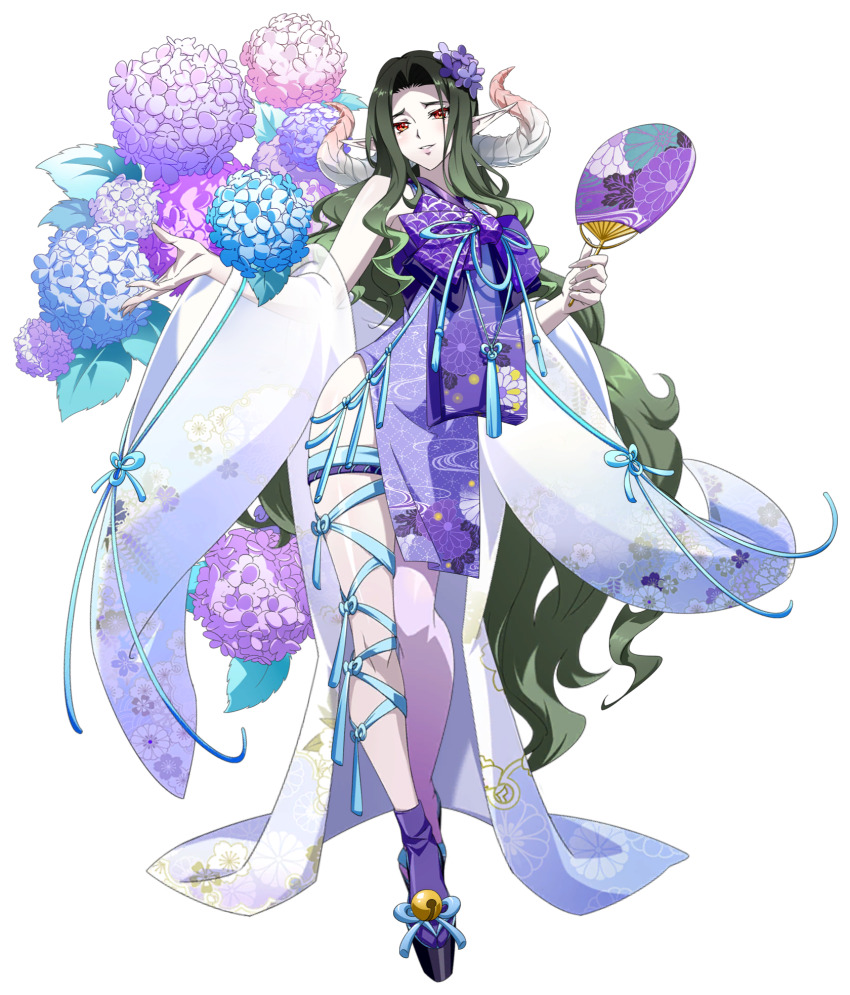 1girl, asymmetrical_legwear, bare_shoulders, big_hair, black_sandals, blue_flower, blue_leaf, chest_ribbon