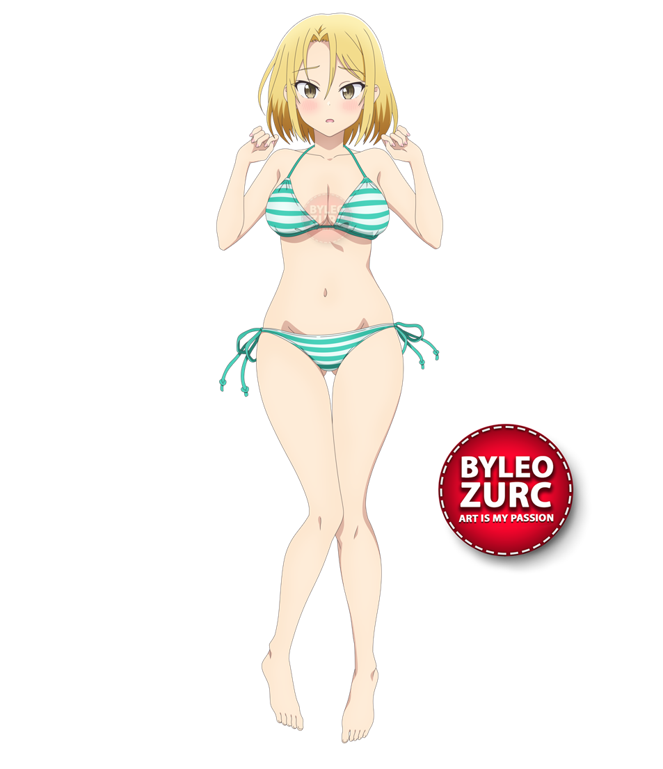 1girl, barefoot, blonde_hair, blush, bra, breasts, feet, hayakawa_chinatsu