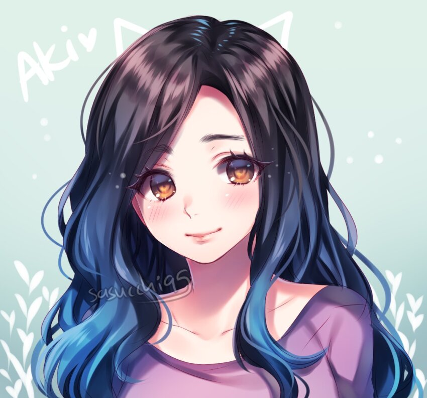 1girl, akidearest, animification, aqua_background, arms_at_sides, artist_name, black_hair, blue_hair, blush, character_name, closed_mouth, commentary, drawn_ears, english_commentary, gift_art, gradient_background, gradient_hair, light_particles, lips, long_hair, looking_at_viewer, multicolored_hair, orange_eyes, portrait, purple_shirt, real_life, sasucchi95, shirt, simple_background, smile, solo, two-tone_hair, wavy_hair