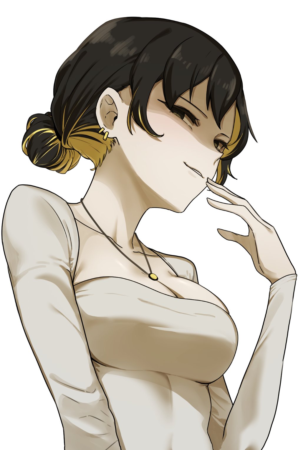 1girl, binah_(project_moon), black_eyes, blonde_hair, breasts, cleavage, collarbone, colored_inner_hair