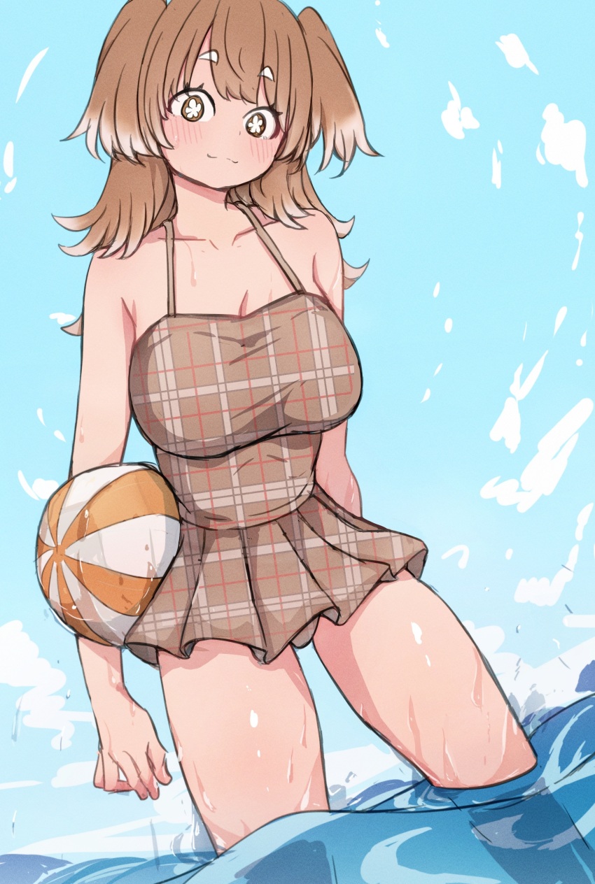 1girl, :3, absurdres, ball, bare_arms, bare_legs, bare_shoulders, beachball