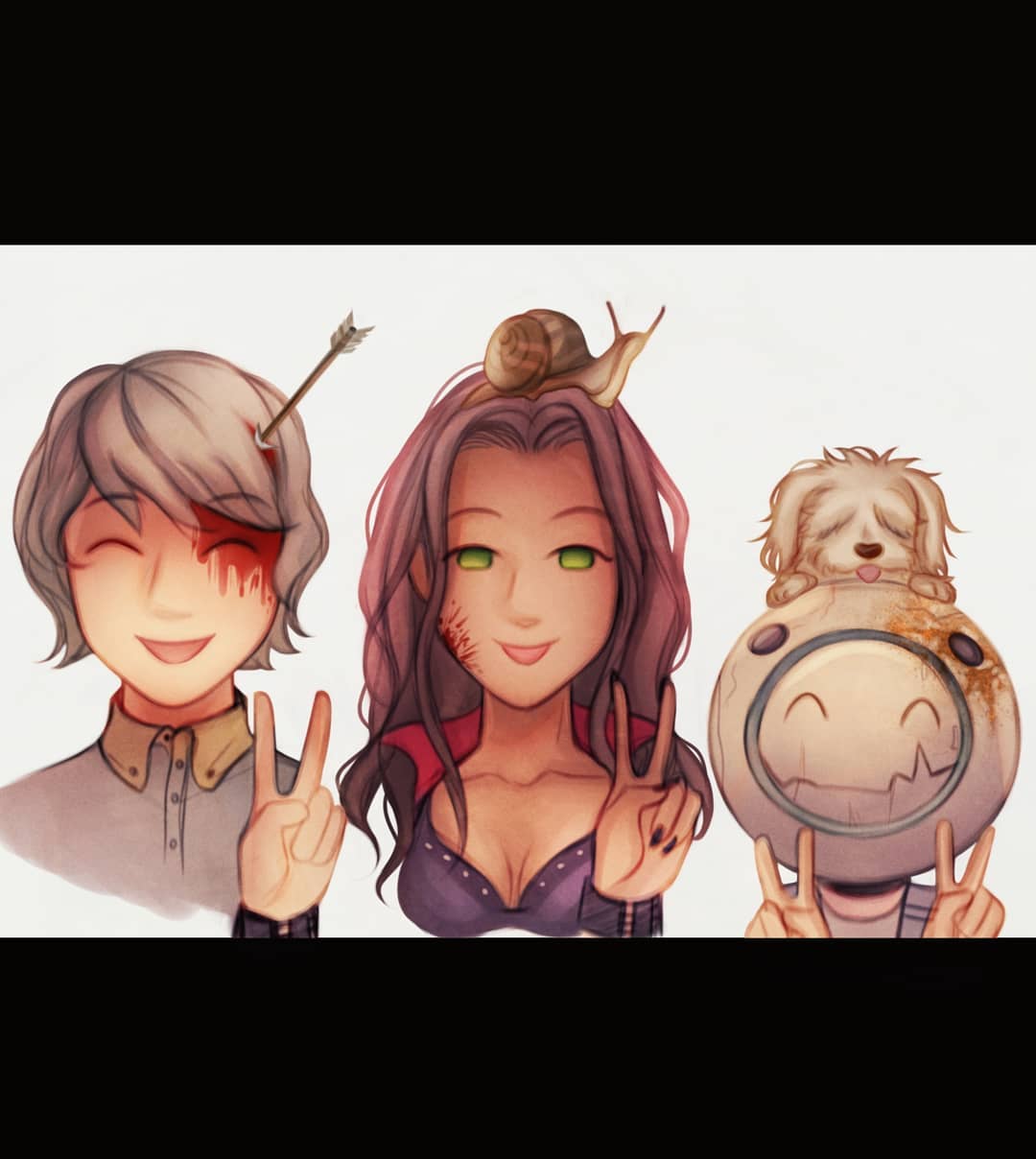 1girl, 2boys, animal, animal_on_head, arrow_(projectile), arrow_in_body, arrow_in_head, black_bra