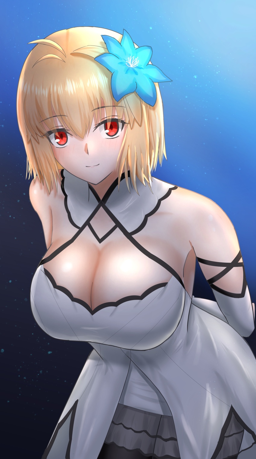 1girl, absurdres, ahoge, arcueid_brunestud, arcueid_brunestud_(clad_in_glacier), arms_behind_back, bare_shoulders, black_ribbon