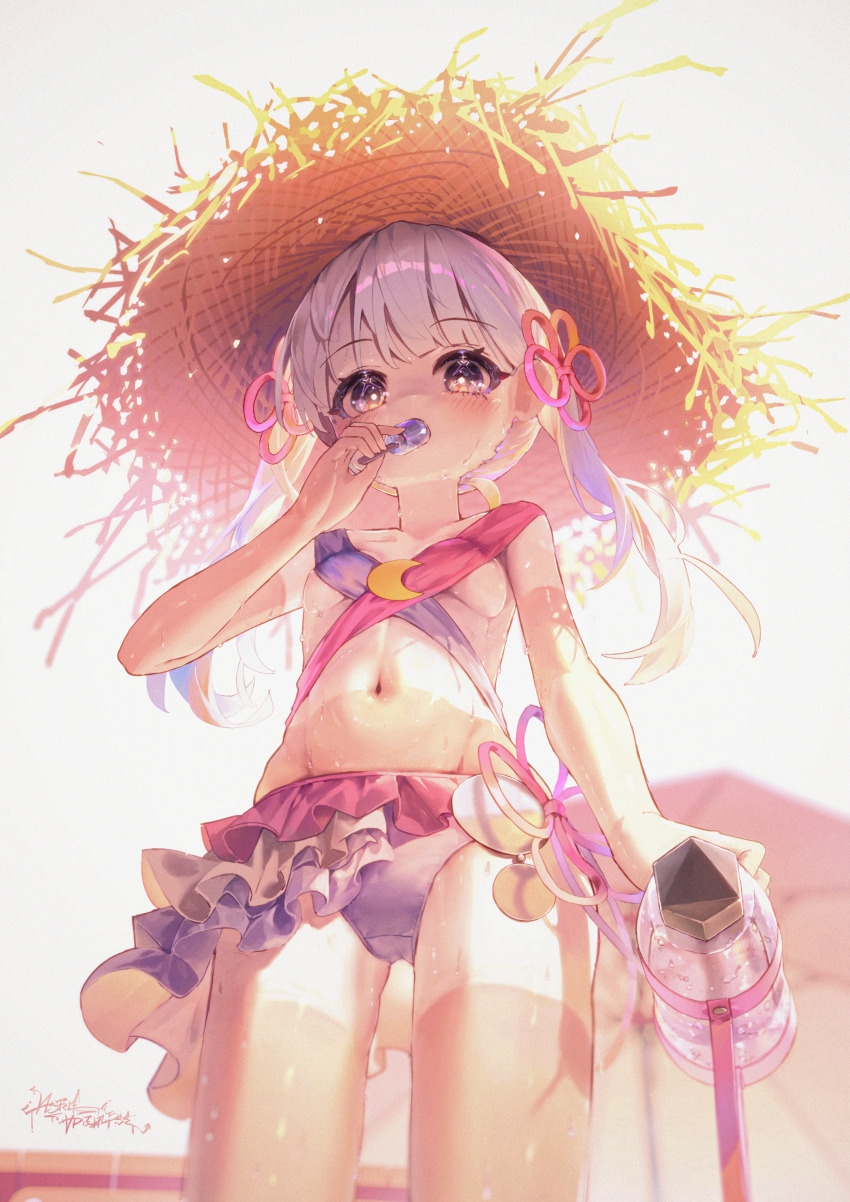 1girl, absurdres, ap04astral, bikini, blush, breasts, brown_hat, closed_mouth