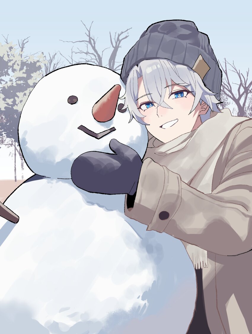 1boy, bare_tree, black_mittens, blue_eyes, coat, commentary, crossed_bangs, grey_coat