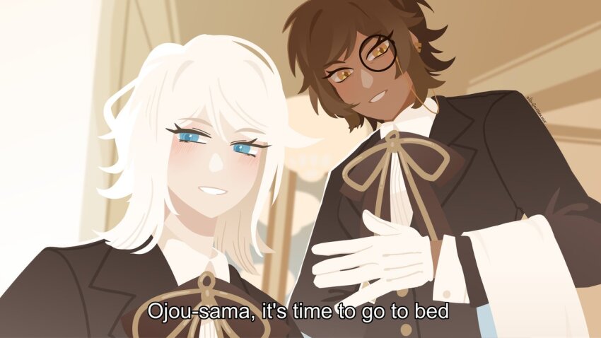 2girls, blue_eyes, brown_eyes, brown_hair, brown_jacket, brown_ribbon, butler, collared_shirt, commentary, english_commentary, english_text, faust_(project_moon), female_butler, good_night_ojosama_(asmrz), jacket, lapels, limbus_company, long_sleeves, monocle, multiple_girls, neck_ribbon, notched_lapels, outis_(project_moon), parted_lips, project_moon, projecttiger, ribbon, shirt, short_hair, smile, white_hair, white_shirt, wuthering_heights_(identity)_(project_moon)