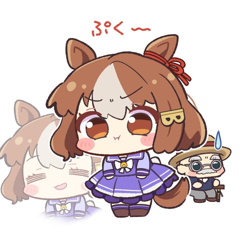 1girl, =_=, animal_ears, belno_light_(umamusume), blue_jacket, blush, blush_stickers, bow