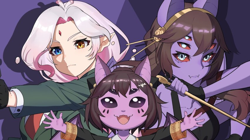 animal_ears, anya_(spy_x_family), anya_(spy_x_family)_(cosplay), arthropod_girl, bat_ears, blue_eyes, brown_hair, carol_(lilum), chat_(dante_will), colored_sclera, colored_skin, cosplay, dagger, dante_will, dante_will_(spider), dress, eden_academy_school_uniform, extra_arms, extra_eyes, forehead_jewel, formal_clothes, gold_hairband, green_suit, hairband, hairpods, heterochromia, holding, insect_girl, knife, monster_girl, neobaka, pink_hair, pointy_ears, purple_skin, school_uniform, second-party_source, slime_girl, smile, spider_girl, spy_x_family, stiletto_(weapon), sue_chwan, suit, twilight_(spy_x_family), twilight_(spy_x_family)_(cosplay), weapon, white_eyes, yor_briar, yor_briar_(cosplay), youtube, youtube_video_thumbnail