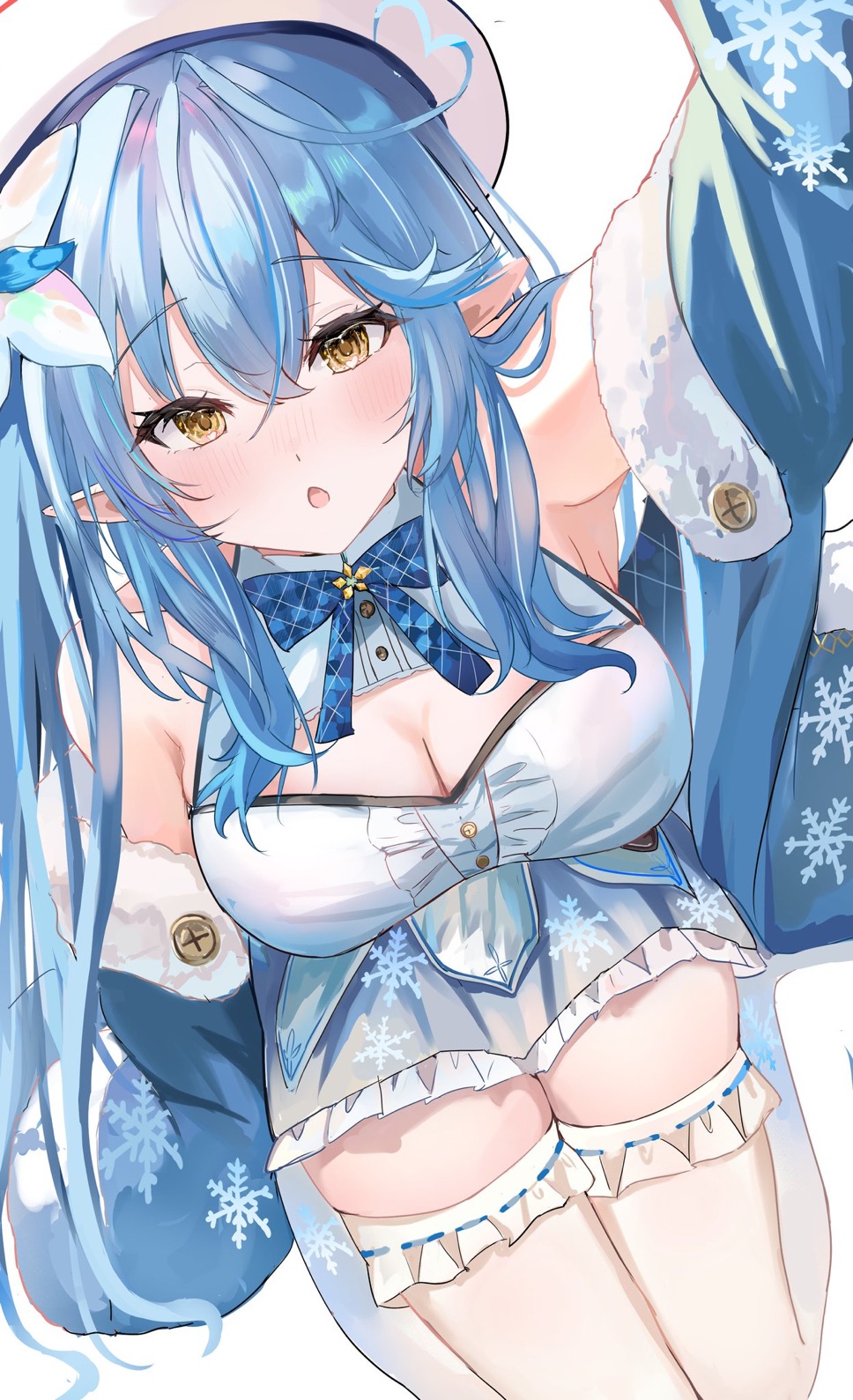 1girl, blue_hair, blue_jacket, blush, breasts, cleavage, cleavage_cutout, clothing_cutout