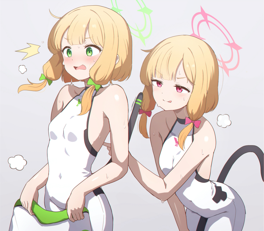 2girls, backless_bodysuit, blonde_hair, blue_archive, bodysuit, bow, breasts, cat_tail