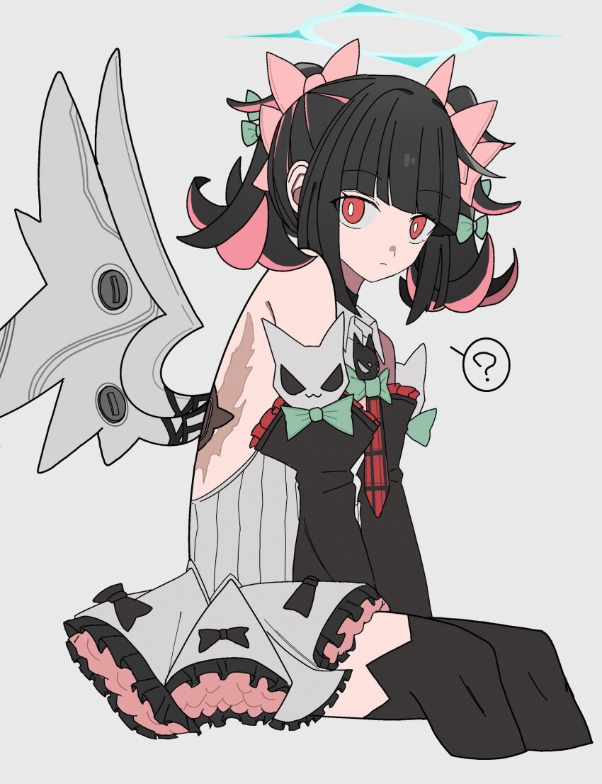 1girl, ?, black_hair, black_thighhighs, blunt_bangs, bow, colored_inner_hair, commentary