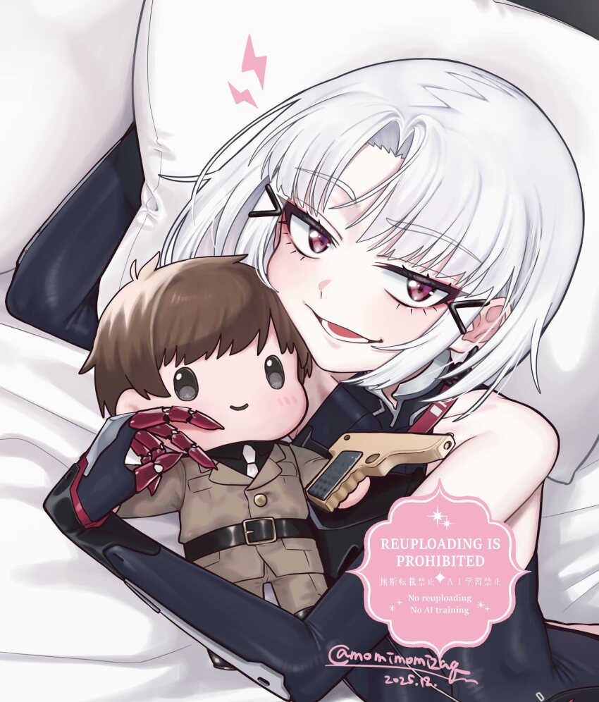 1boy, 1girl, bare_shoulders, black_leotard, breasts, brown_hair, character_doll, commander_(nikke)