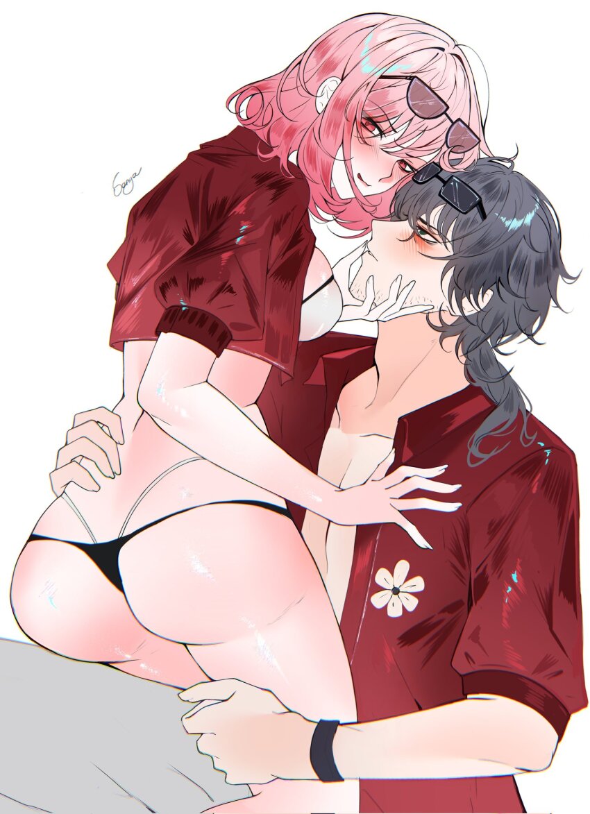 1boy, 1girl, abs, ass, beard_stubble, bikini, blush, breasts