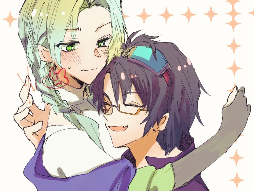 1boy, 1other, alien, black_background, blonde_hair, closed_eyes, commentary_request, evil_smile, fingerless_gloves, gloves, gnosia, hair_ornament, hairclip, happy_megchan, red_eyes, rin_0101010, sha-ming, short_hair, smile, tagme, yuri_(gnosia)