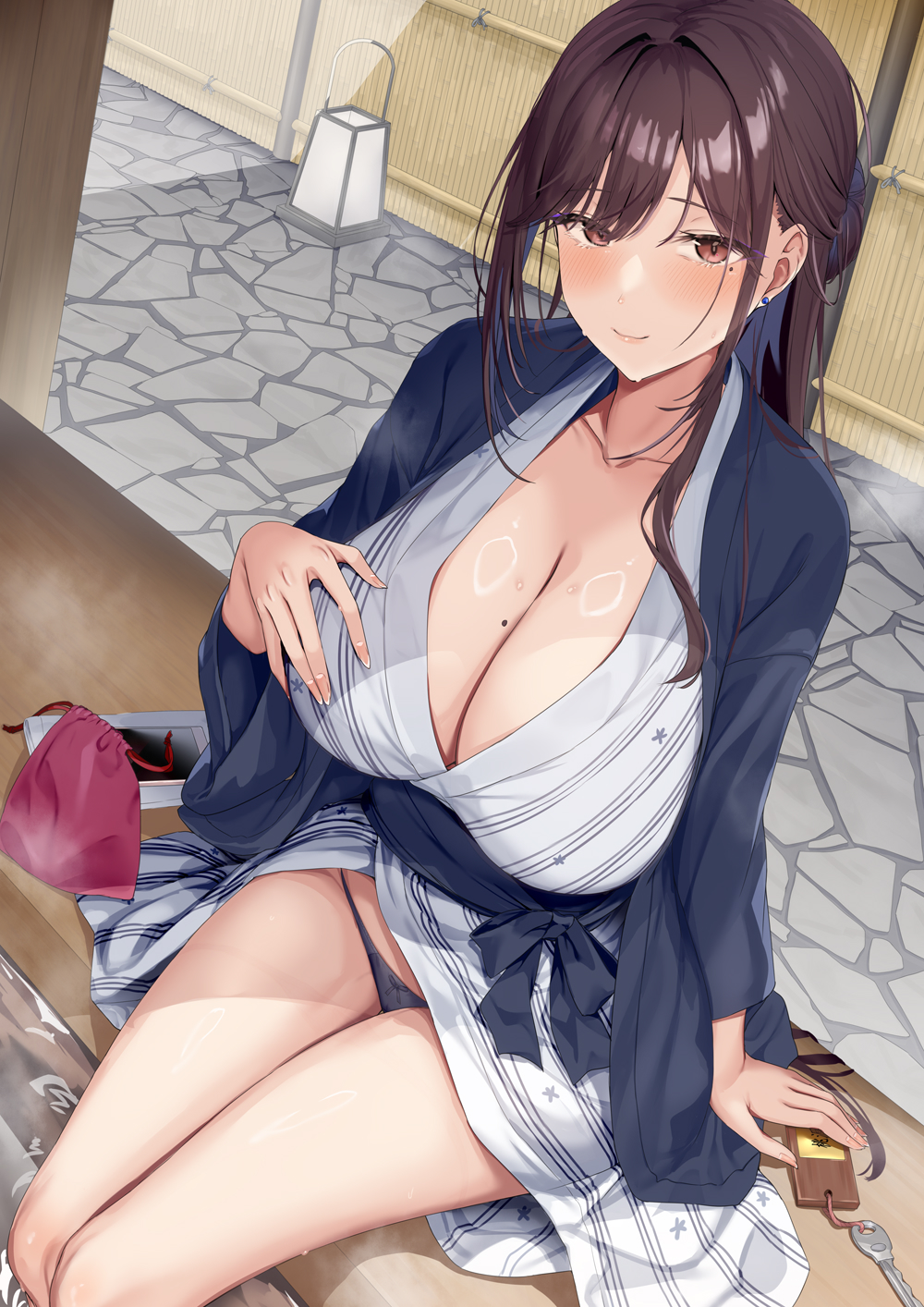 1girl, bag, black_happi, black_panties, blush, breasts, brown_eyes, brown_hair, cellphone, cleavage, closed_mouth, commentary_request, foot_bath, grey_kimono, highres, japanese_clothes, key, kimono, large_breasts, long_hair, long_sleeves, looking_at_viewer, mole, mole_on_breast, neropaso, original, outdoors, panties, phone, sidelocks, sitting, smartphone, solo, thighs, underwear