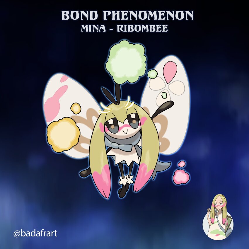 1girl, absurdres, antennae, arthropod_girl, badafra, blonde_hair, blue_background, english_text, fusion, gen_7_pokemon, half-closed_eyes, highres, insect_wings, looking_at_viewer, mina_(pokemon), nintendo, paint_in_hair, paint_splatter, paint_splatter_on_face, pokemon, pokemon_(creature), pokemon_focus, pokemon_sun_and_moon, ribombee, smile, solo, wings