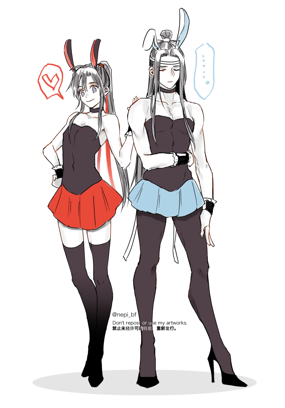 ..., 2boys, ahoge, alternate_costume, animal_ears, bare_shoulders, black_choker, black_hair, black_leotard, black_pantyhose, black_shoes, black_thighhighs, blue_skirt, blush, choker, closed_eyes, closed_mouth, collarbone, commentary_request, crossdressing, crossdressing_(mtf), fake_animal_ears, full_body, grey_eyes, hair_ribbon, hand_on_another's_shoulder, hand_on_own_hip, headband, heart, height_difference, high_heels, highres, implied_yaoi, lan_wangji, leotard, long_hair, male_focus, male_playboy_bunny, miniskirt, modao_zushi, multiple_boys, pantyhose, pectoral_cleavage, pectorals, playboy_bunny, pleated_skirt, pointy_ears, ponytail, rabbit_ears, red_ribbon, red_skirt, ribbon, shoes, sidelocks, simple_background, skirt, smile, spoken_ellipsis, spoken_heart, standing, thighhighs, topknot, twitter_username, very_long_hair, wei_wuxian, white_background, white_headband, wrist_cuffs, xiao_guan_(headdress), ykmr_(haga), zettai_ryouiki