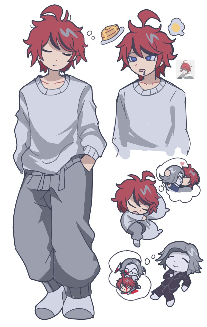 2boys, ahoge, aotsuki_eito, black_pajamas, black_streaks, blood, bloody_knife, blue_eyes