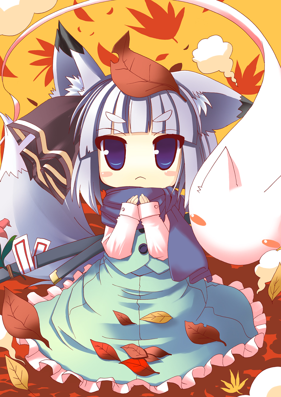 1girl, animal_ears, autumn, autumn_leaves, blue_eyes, female_focus, fox_ears, fox_tail