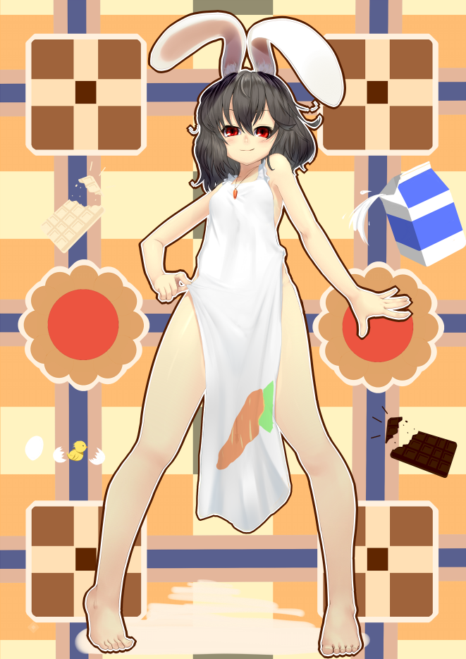 1girl, animal_ears, apron, barefoot, black_hair, breasts, rabbit_ears, feet