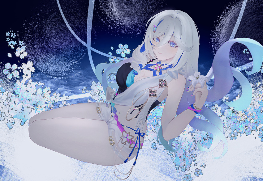 1girl, bikini, blue_bikini, blue_eyes, blue_sky, bracelet, breasts, chinese_commentary