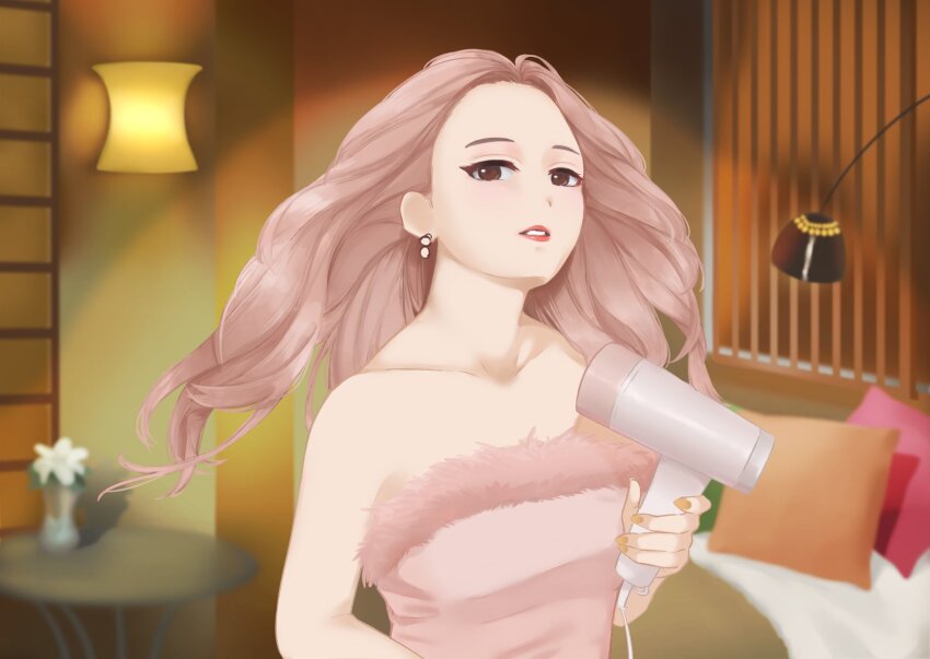 1girl, bare_shoulders, black_eyeliner, brown_eyes, chu_0618, commentary, dress, earrings