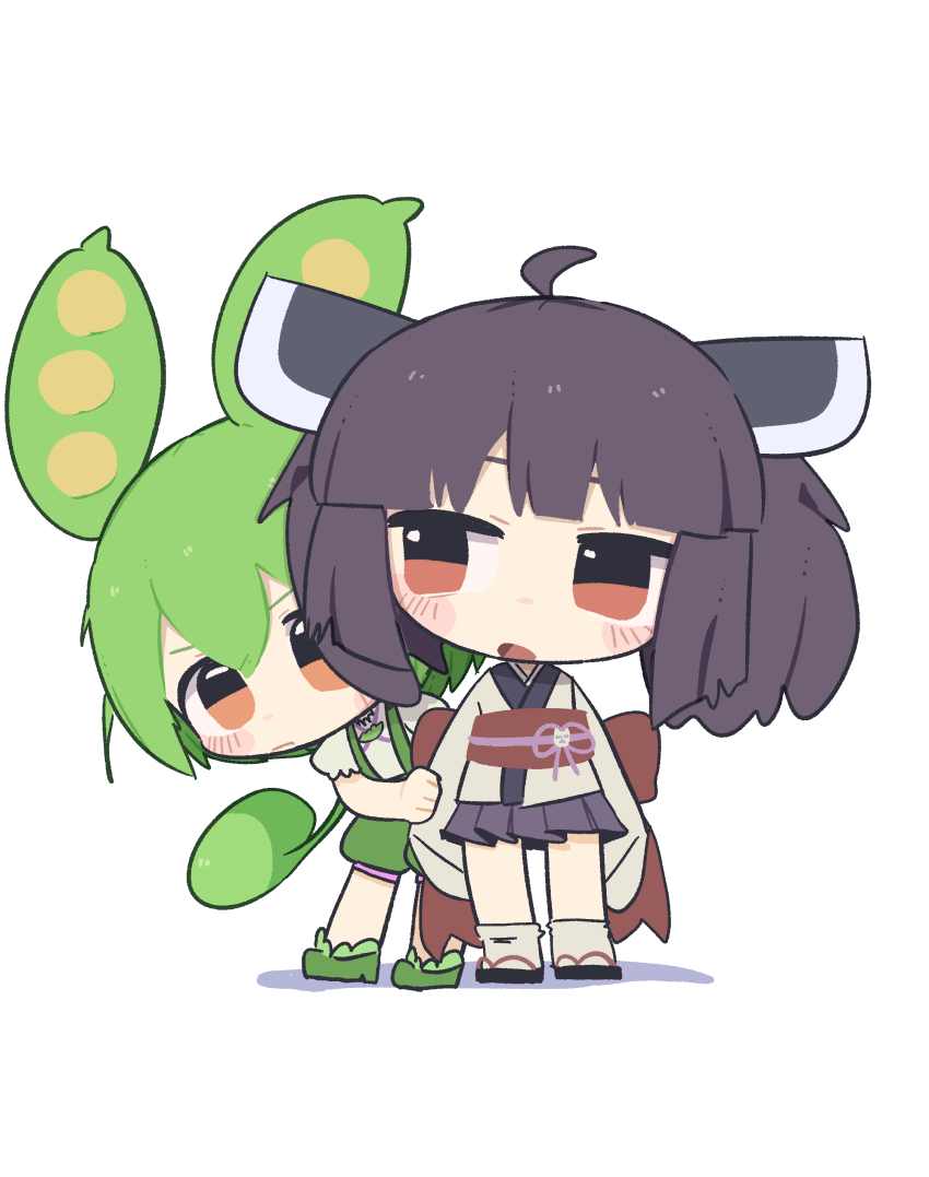 2girls, absurdres, ahoge, animal_ears, black_sandals, blunt_bangs, blush_stickers, brown_hair