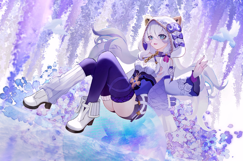 1girl, bird, blue_eyes, blue_sky, breasts, chinese_commentary, commentary_request, detached_sleeves