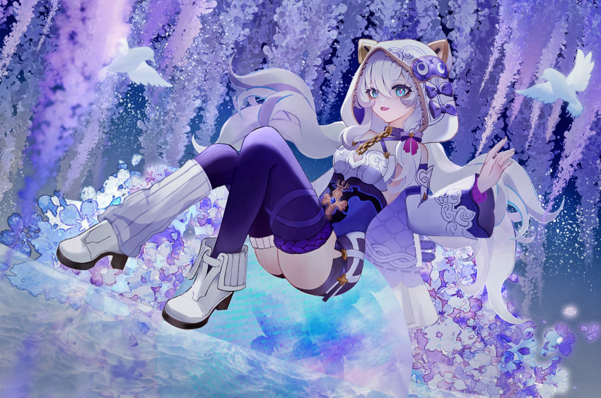 1girl, bird, blue_eyes, blue_sky, breasts, chinese_commentary, commentary_request, detached_sleeves