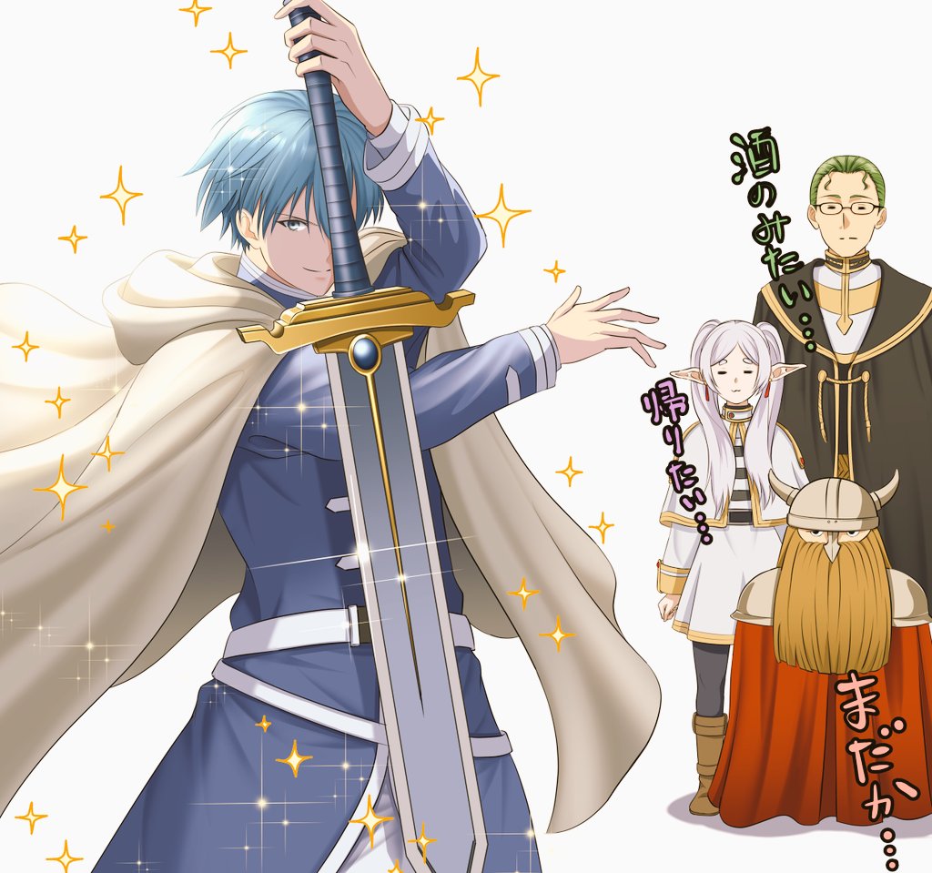 >:), 1girl, 3boys, =_=, arm_up, beard, blue_hair, blue_jacket