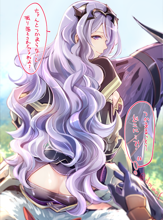 1girl, ass, breasts, butt_crack, camilla_(fire_emblem), dorimoif, dragon, fire_emblem, fire_emblem_fates, long_hair, looking_at_viewer, looking_back, miyuki_ruria, nintendo, pov, purple_eyes, purple_hair, sideboob, skindentation, speech_bubble, takumi_(fire_emblem), thought_bubble, tiara, wavy_hair, wyvern